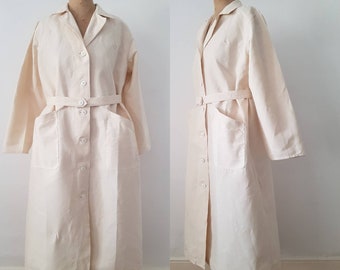 1940s French Military Long Cotton Jacket Pockets single breasted workwear unworn natural cream Ecru