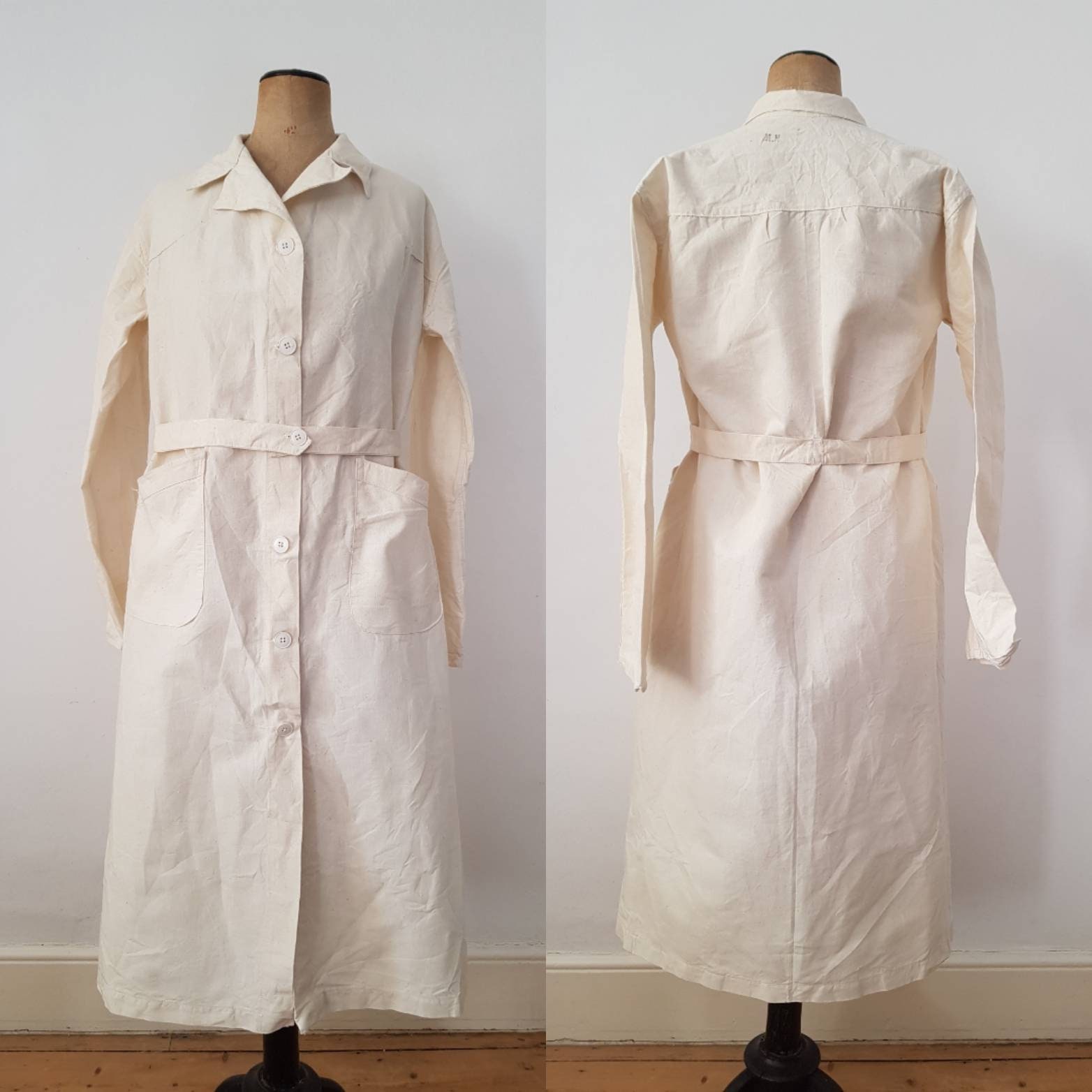 Image of French 1930S - 1940S Cream Cotton Canvas Nurse Workwear Jacket Nortiz Lille Belted Chore Coat
