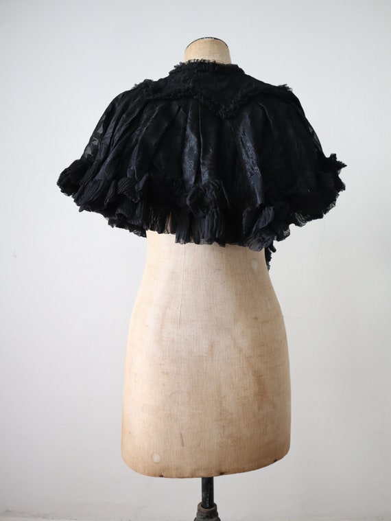 Antique Black Damask Silk Capelet Chiffon Ruffles… - image 8