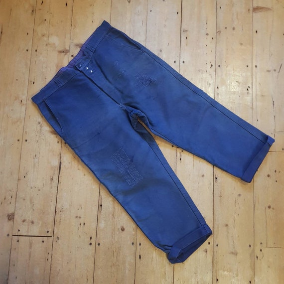French Blue Moleskin Workwear Trousers Darned Repa