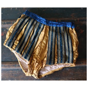 Antique French Renaissance style hose shorts, opera Theatre costume Yellow blue Stripe Gold Metal Ribbon Trim Early 1900s