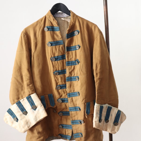 Antike französische Theater Kostüm Jacke Braun Baumwolle Teal Blau Woven Trim Metall Geprägte Knöpfe Gehrock 18.Jahrhundert