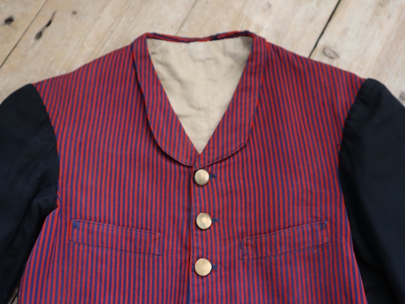 1920s French Workwear Jacket: Red Blue Stripe, Black Sleeves (XXS