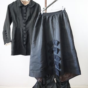 Antique French Black Silk Two Piece Outfit Costume Bodice Skirt Bows 19th Century