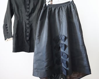 Antique French Black Silk Two Piece Outfit Costume Bodice Skirt Bows 19th Century