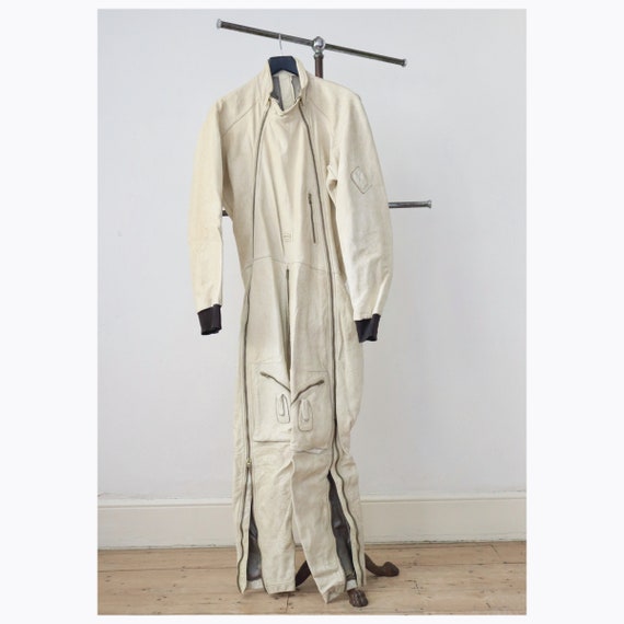 1970s Cream Leather Motorcycle Suit French Racing Gem