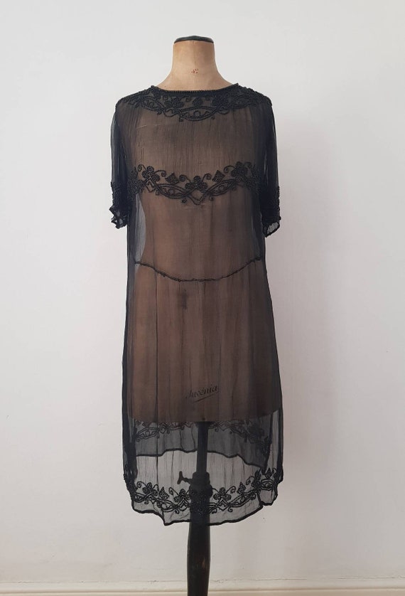 1920s Sheer Black Silk Dress Beaded Tunic Slip XS