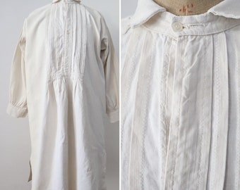 Antique French white linen dress shirt Pleats long button collar early 1900s