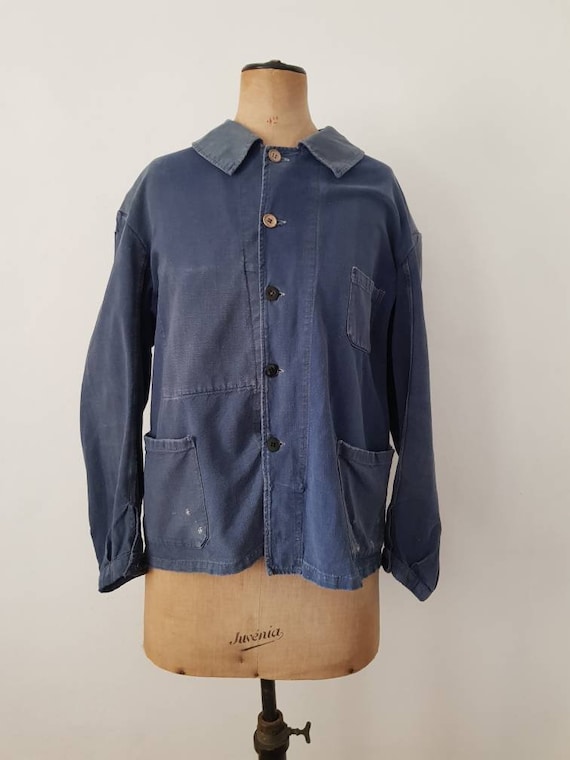 1940s 50s French Workwear Jacket Blue Cotton Butto