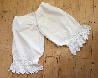 Antique French Bloomers White Cotton Edwardian Crochet Lace Trim Long early 1900s