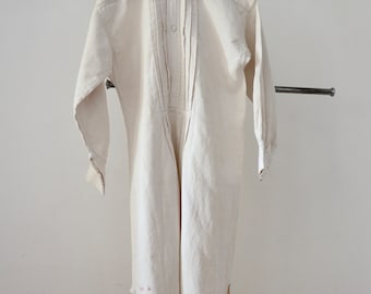 Antique French white linen dress shirt Pleats long button collar early 1900s