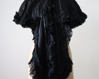 Antique Black Damask Silk Capelet Chiffon Ruffles Cape Collar 19th Century