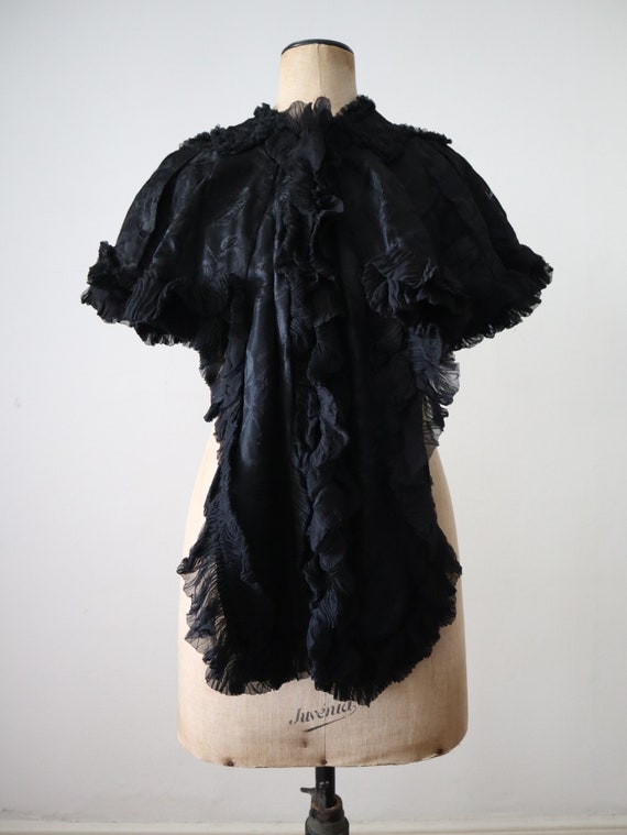 Antique Black Damask Silk Capelet Chiffon Ruffles… - image 1