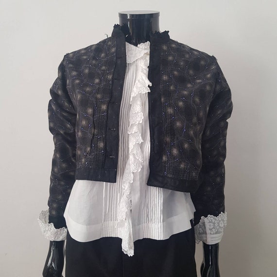 1930s Hungarian Folk Blouse Jacket Black Blue Prin