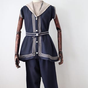 Antique French Bathing Costume 1900 1910 Edwardian Two Piece Wool Swimsuit Blue Tunic and Trousers Marguerite Poupin