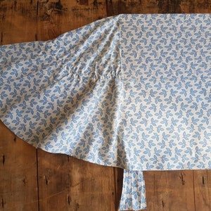 Antique French cotton sun bonnet cream cotton white blue leaf print 19th century hat