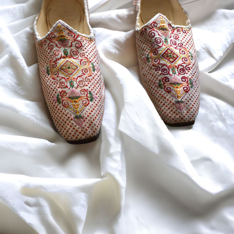 Antique French 18th Century Needlepoint Slipper Shoes Leather Soles ...