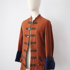 Antique French Opera Costume Jacket Rust Brown Frock Coat Blue Cuffs 18th Century Style
