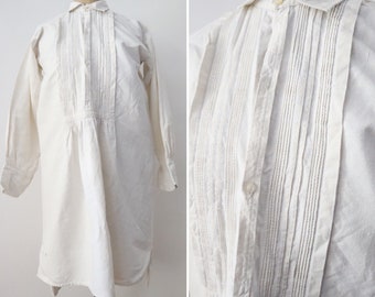 Antique French white linen dress shirt Pleats long button collar early 1900s