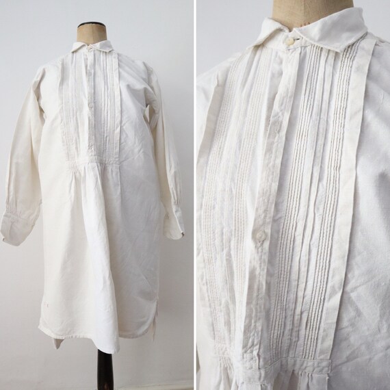 Antique French White Linen Dress Shirt Pleats Long Button Collar 