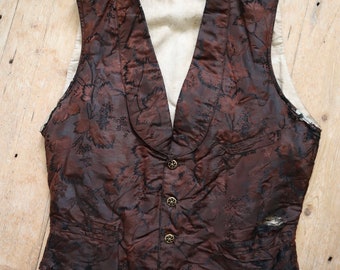 Early 1900s French Brown Silk Waistcoat Vest Metal Buttons Antique