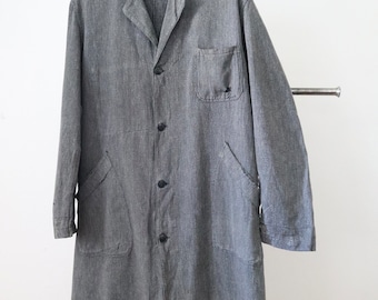 1950s  French Grey Duster Jacket Workwear Chore Salt Pepper