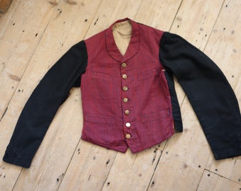 1920s French Red and Blue Striped workwear jacket Black Sleeves servant vest sleeves wool cotton