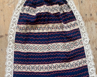 1930s French Apron Embroidered Red white Blue Crochet Lace