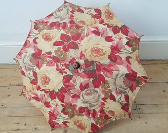 1920s - 1930s French Floral Parasol Umbrella Wooden handle Cotton
