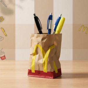 Puede incluir: Un portalápices de bolsa de papel marrón con el logotipo amarillo de McDonald's. La parte inferior de la bolsa es roja. El portalápices contiene un bolígrafo negro, un bolígrafo azul y blanco y un resaltador amarillo. El fondo tiene un patrón de rayas beige y blanco con garabatos temáticos de McDonald's.