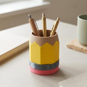Könnte beinhalten: Ein gelber, stiftförmiger Stifthalter mit braunem Oberteil und rosa Basis, der drei Stifte hält. Der Halter steht auf einer hellen Oberfläche mit einem Notizbuch und einer Tasse im Hintergrund. Ein einzigartiges Schreibtischzubehör.