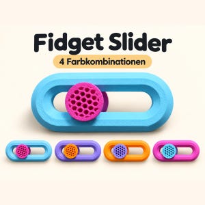 Op de afbeelding: Een Fidget Slider met de tekst 4 Farbkombinationen. Het hoofdobject is een lichtblauw ovaal frame met een roze ronde schuifregelaar met een honingraatpatroon. Vier kleinere variaties worden hieronder getoond in verschillende kleuren.