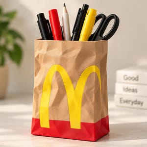 Peut inclure: Un organisateur de bureau en forme de sac en papier brun froissé avec le logo jaune vif des arches dorées de McDonald's sur le devant et une base rouge. Le récipient contient diverses fournitures de bureau, dont des stylos, un crayon et des ciseaux.