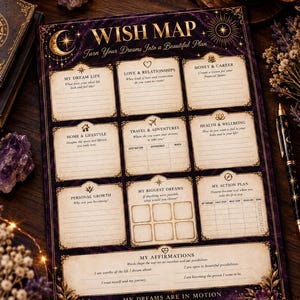 Pode incluir: Um planejador retangular de mapa de desejos com um tema celestial roxo escuro e detalhes em dourado. A página inclui seções para vida dos sonhos, amor, dinheiro, casa, viagens, saúde, crescimento pessoal, metas e afirmações.