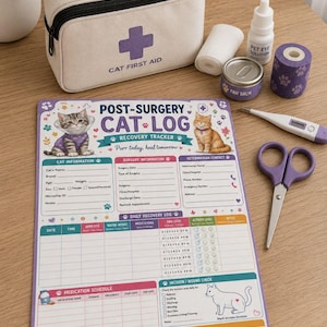 May include: A beige cat first aid kit with a purple cross, a post-surgery cat log tracker, a white bandage roll, a pet eye solution bottle, a paw balm tin, a purple paw-print cohesive bandage, a digital thermometer, and purple scissors.