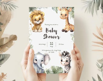 Puede incluir: Una invitación a un baby shower con ilustraciones de acuarela de un león, una jirafa, un elefante y una cebra. La invitación incluye el texto "Baby Shower", la fecha, la hora y los detalles de la dirección, sobre un fondo suave y neutro.