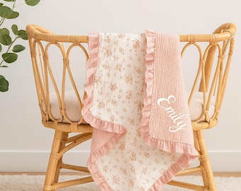 Personalized Baby Blanket with Name | Cotton Muslin Ruffle Edge Swaddle | Newborn Girl Gift | Floral Baby Bedding | Soft Infant Crib Blanket