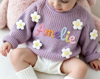 Handmade Personalized Baby Knit Sweater | Custom Name Embroidered Jumper with Flowers | Baby Girl Gift | Knitted Infant Outfit