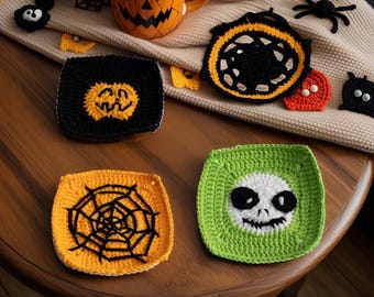 Handmade Halloween Crochet Coasters – Pumpkin, Skull, Spider Web Designs – Cute Fall Table Decor & Gift Idea