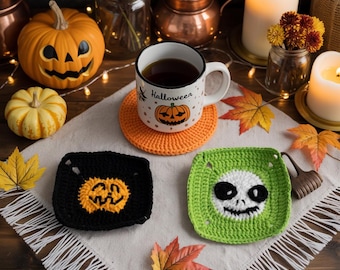 Handmade Halloween Crochet Coasters – Pumpkin, Skull, Spider Web Designs – Cute Fall Table Decor & Gift Idea