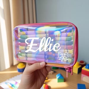 Personalized Iridescent Name Pencil Case – Custom Holographic Hard Shell Box for Kids – Back to School Crayon & Supply Organizer