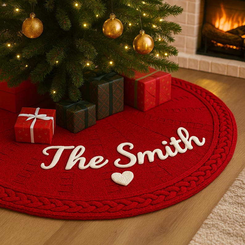 Personalized Christmas Tree Skirt with Family Name | Knit Tree Skirt for Holiday Decoration | Housewarming or New Home Gift | Home Decor