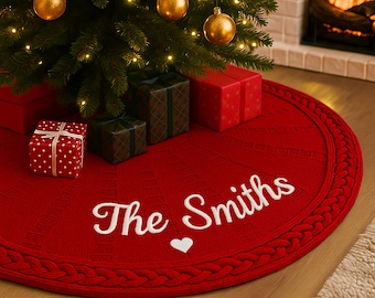 Falda de árbol de Navidad personalizada con nombre de familia / Falda de árbol de punto para decoración navideña / Regalo de inauguración de la casa o casa nueva / Decoración del hogar