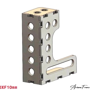 Può includere: Un oggetto a forma di L grigio chiaro con fori circolari e una base rettangolare. Il testo "DXF10mm" è nell'angolo in basso a sinistra. L'oggetto ha un design moderno e industriale. Misure in millimetri.