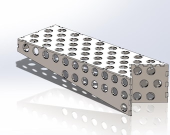 May include: A light gray, rectangular, perforated metal structure with numerous circular holes. The object is angled, revealing its interior and the shadow it casts. The design appears to be a component or a building block.