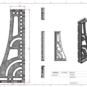 Può includere: Disegno tecnico di una staffa metallica con dimensioni. La staffa è grigia e presenta più forme ritagliate e una serie di fori lungo un bordo. Il disegno include misure di 200 mm x 500 mm e 100 mm.