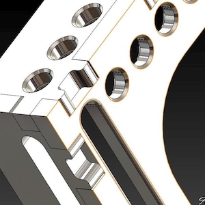 Könnte beinhalten: Detailliertes 3D-Rendering einer weißen und silbernen Metallkomponente. Das Design weist mehrere kreisförmige Löcher und präzise geschnittene Kanten auf, die eine moderne, industrielle Ästhetik zeigen. Die Komponente ist vor einem dunklen Hintergrund platziert.