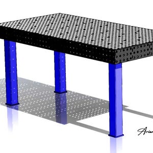 Può includere: Un tavolo da saldatura in metallo nero con una superficie superiore perforata caratterizzata da una griglia di fori circolari, sostenuto da quattro gambe blu a profilo quadrato. Il testo 1000X2000, 8mm e DXF è visibile in alto a sinistra.