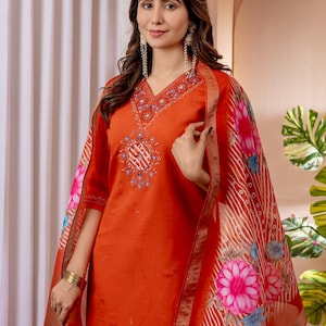 Orange Handwork Straight Kurti set for women with Embroidery work and Dupatta,3 Piece Kurti Set,Salwar Kameez, Indian women Dress