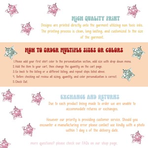 May include: A peach-colored graphic with text about high-quality printing, ordering multiple sizes or colors, and exchange and return policies. Pink and teal star graphics are scattered around the text.